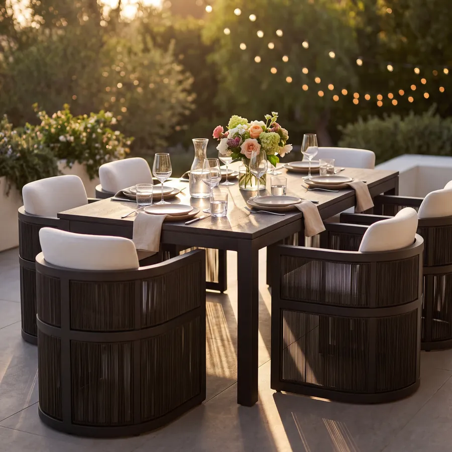 Set dining Bari cu 6 scaune, masă aranjată pentru cina de vară