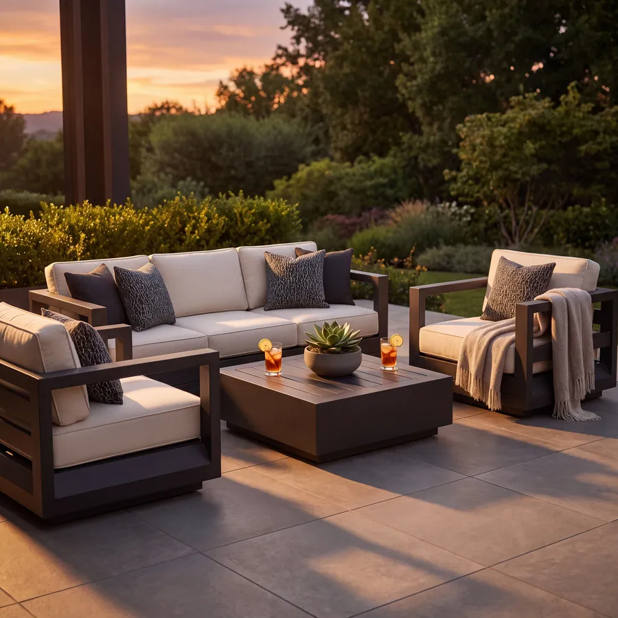 Set lounge Dubai din aluminiu pe terasă, la apus
