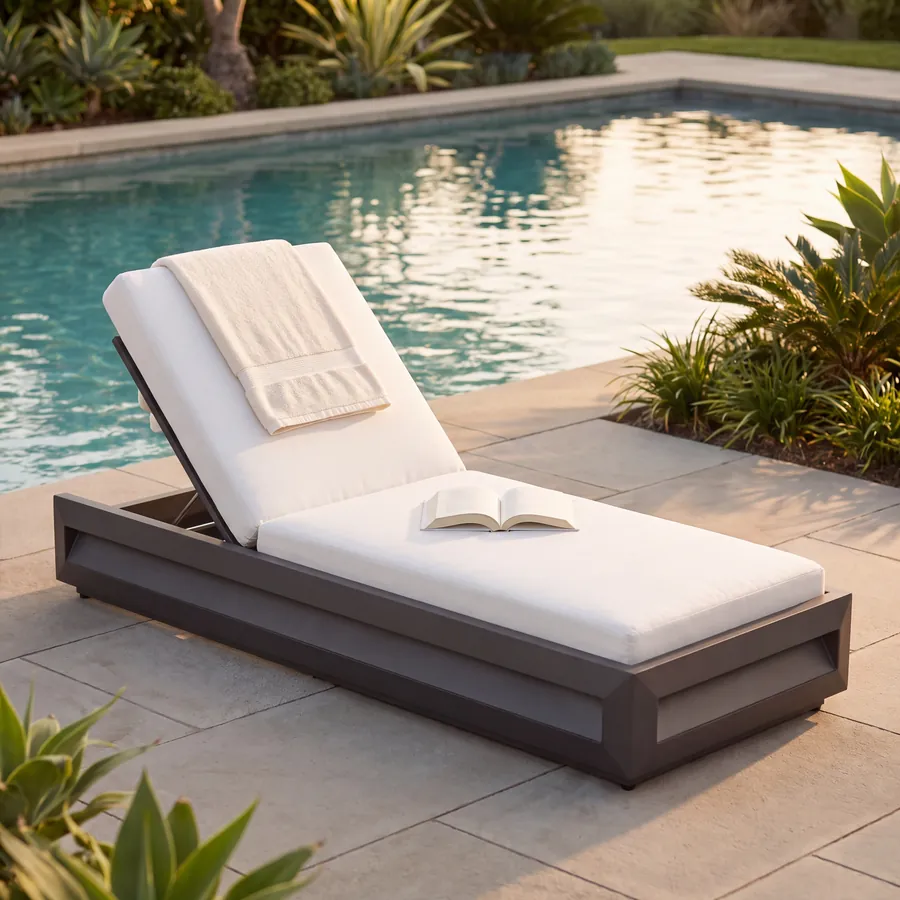 Șezlong premium Dubai lângă piscină, în lumina serii