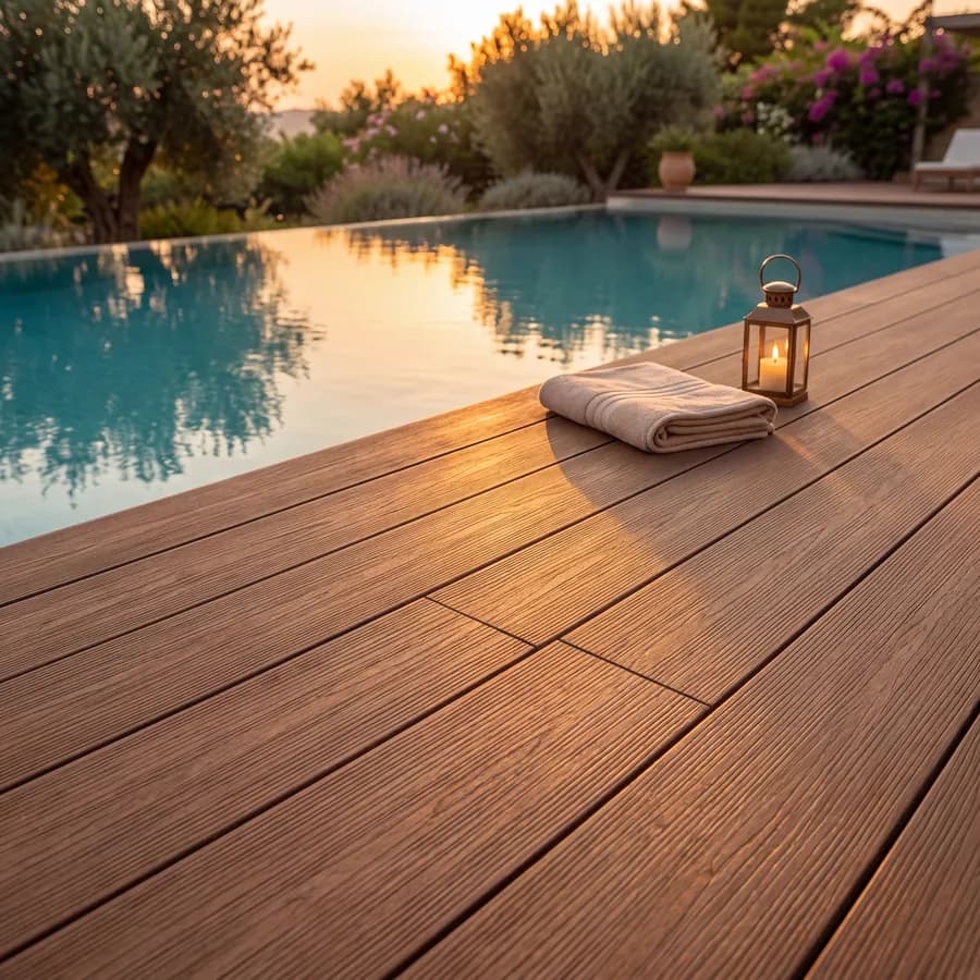 Terasă cu deck WPC lângă piscină, în lumina serii