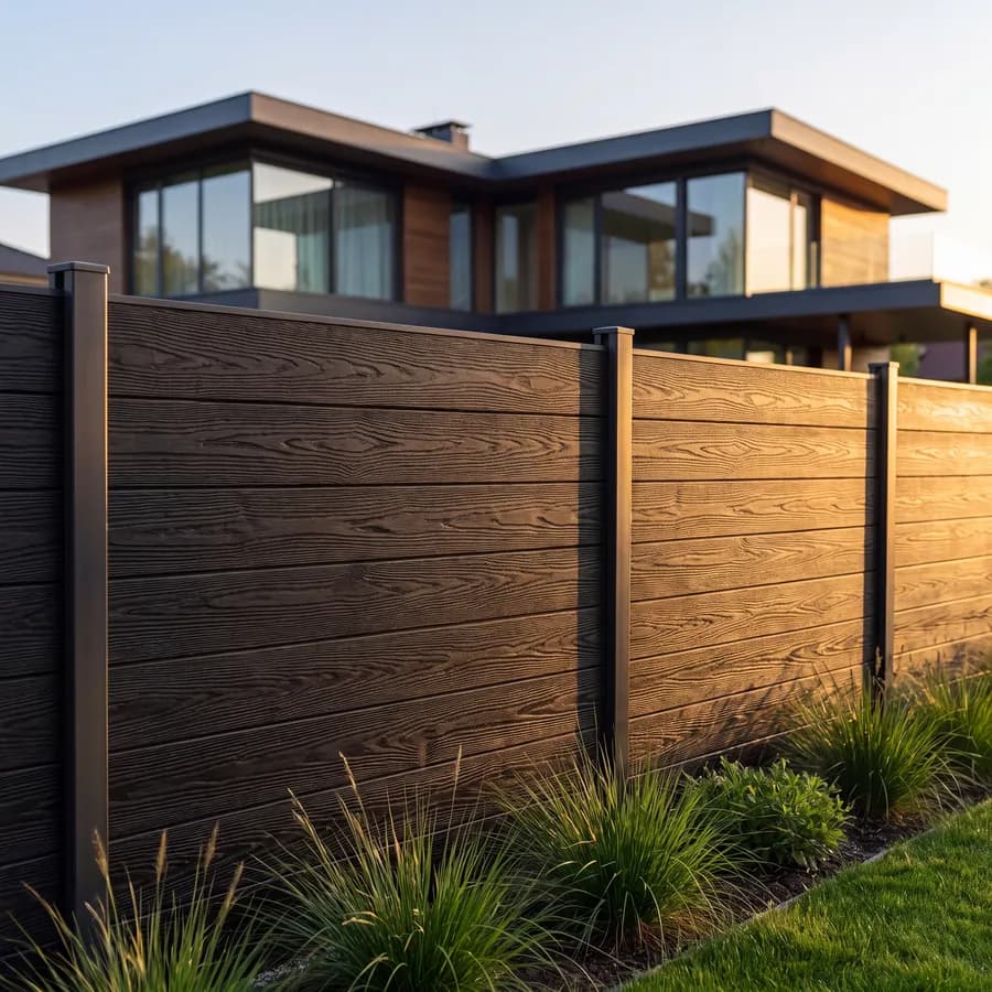 Gard WPC 3D la o casă modernă, textura lemnului în lumina apusului