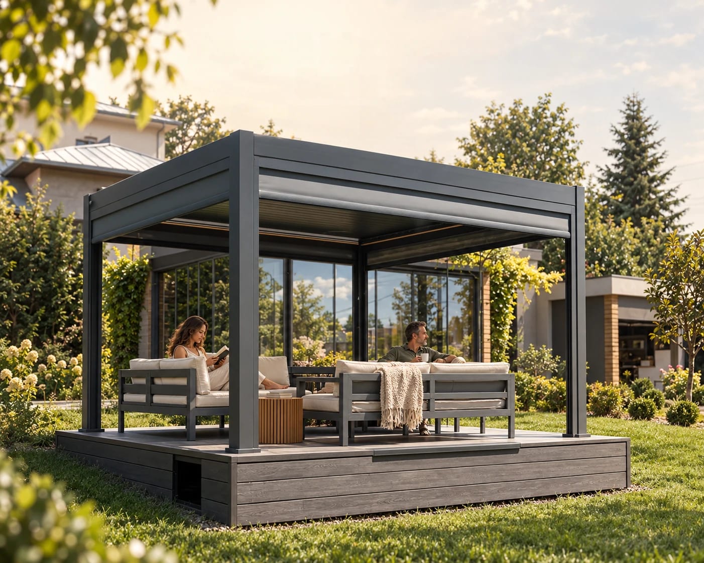 Pergolă bioclimatică Seria 2 din aluminiu antracit, cu acoperiș din lamele, montată pe o platformă de deck în grădină, cu mobilier de exterior