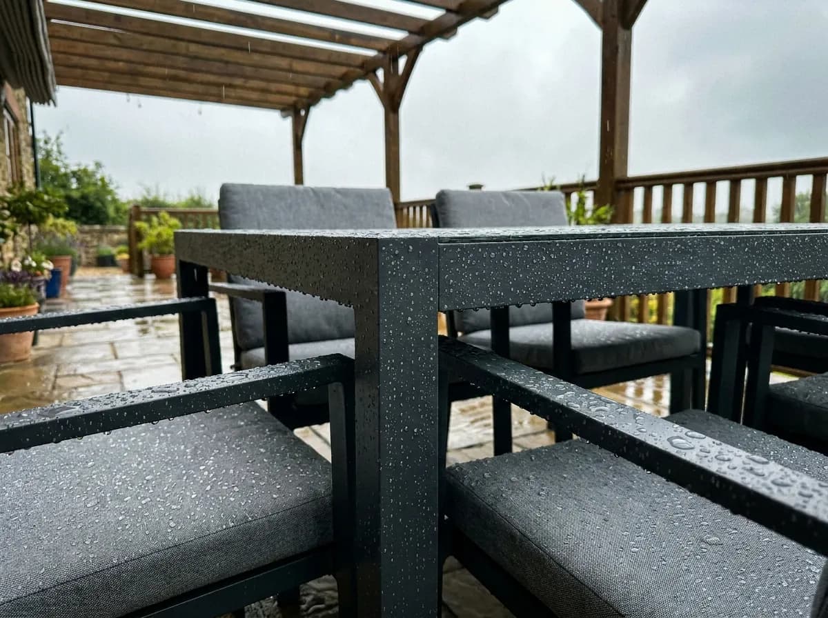 Set dining de exterior în ploaie — apa se prelinge pe cadrul de aluminiu și pernele hidrofuge