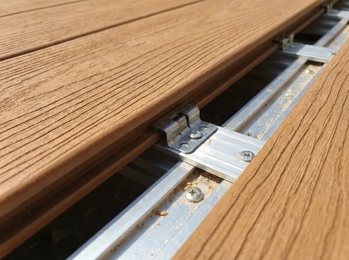 Detaliu montaj deck WPC: cleme ascunse pe structură de rigle din aluminiu
