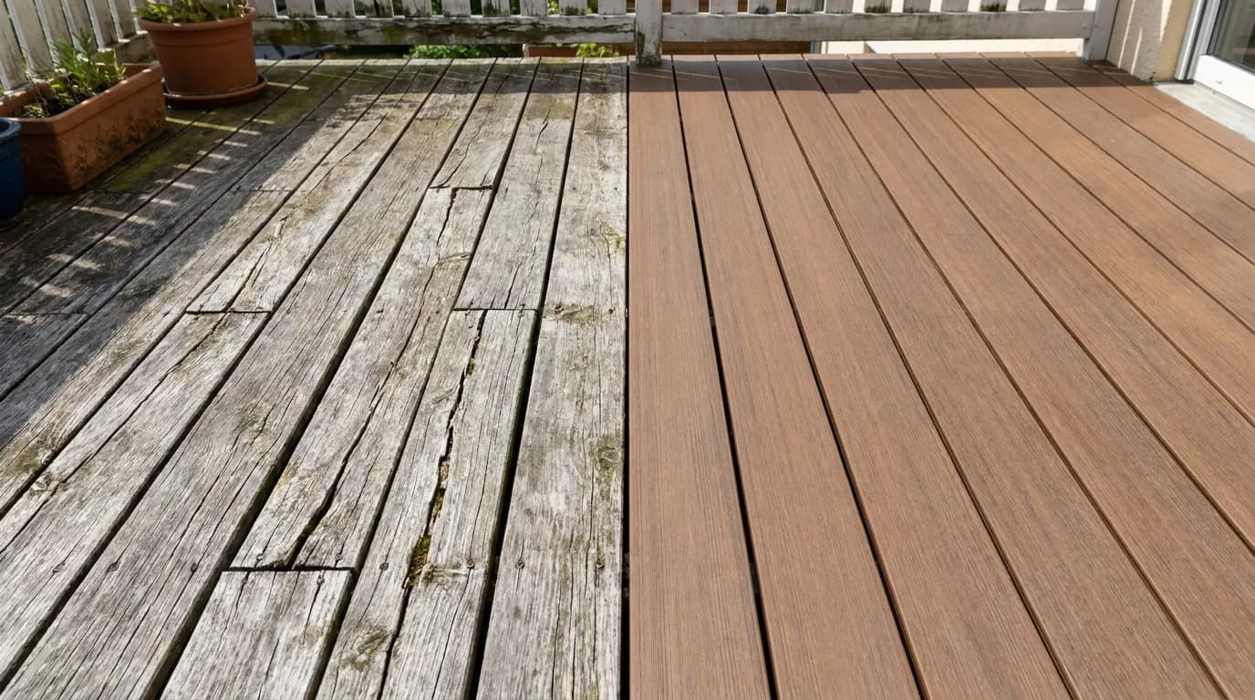 Comparație pe aceeași terasă: lemn îmbătrânit și crăpat lângă deck WPC ca nou