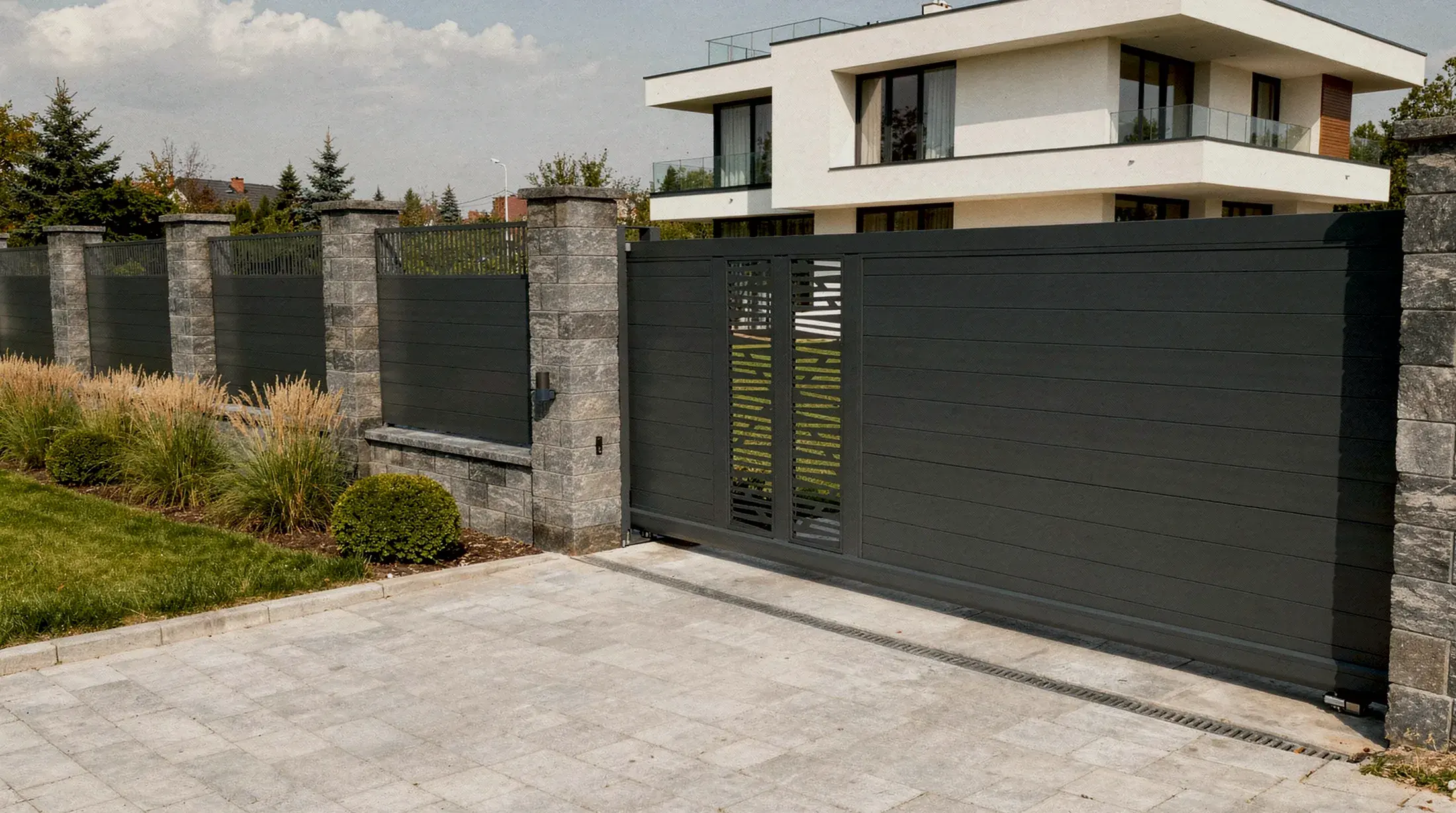 Poartă autoportantă din aluminiu Virtuoso montată la intrarea unei case