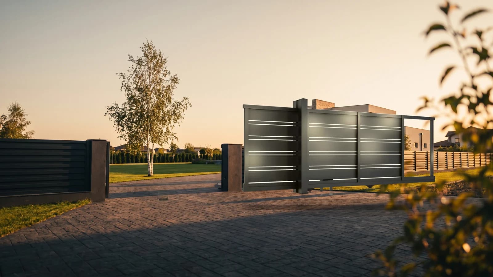 Poartă autoportantă din aluminiu gri antracit la intrarea auto, aliniată cu gardul din lamele orizontale