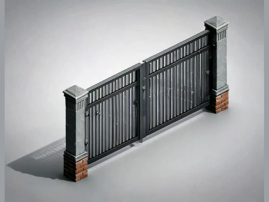Poartă batantă din aluminiu cu bare verticale gri antracit, montată între stâlpi de cărămidă cu capace