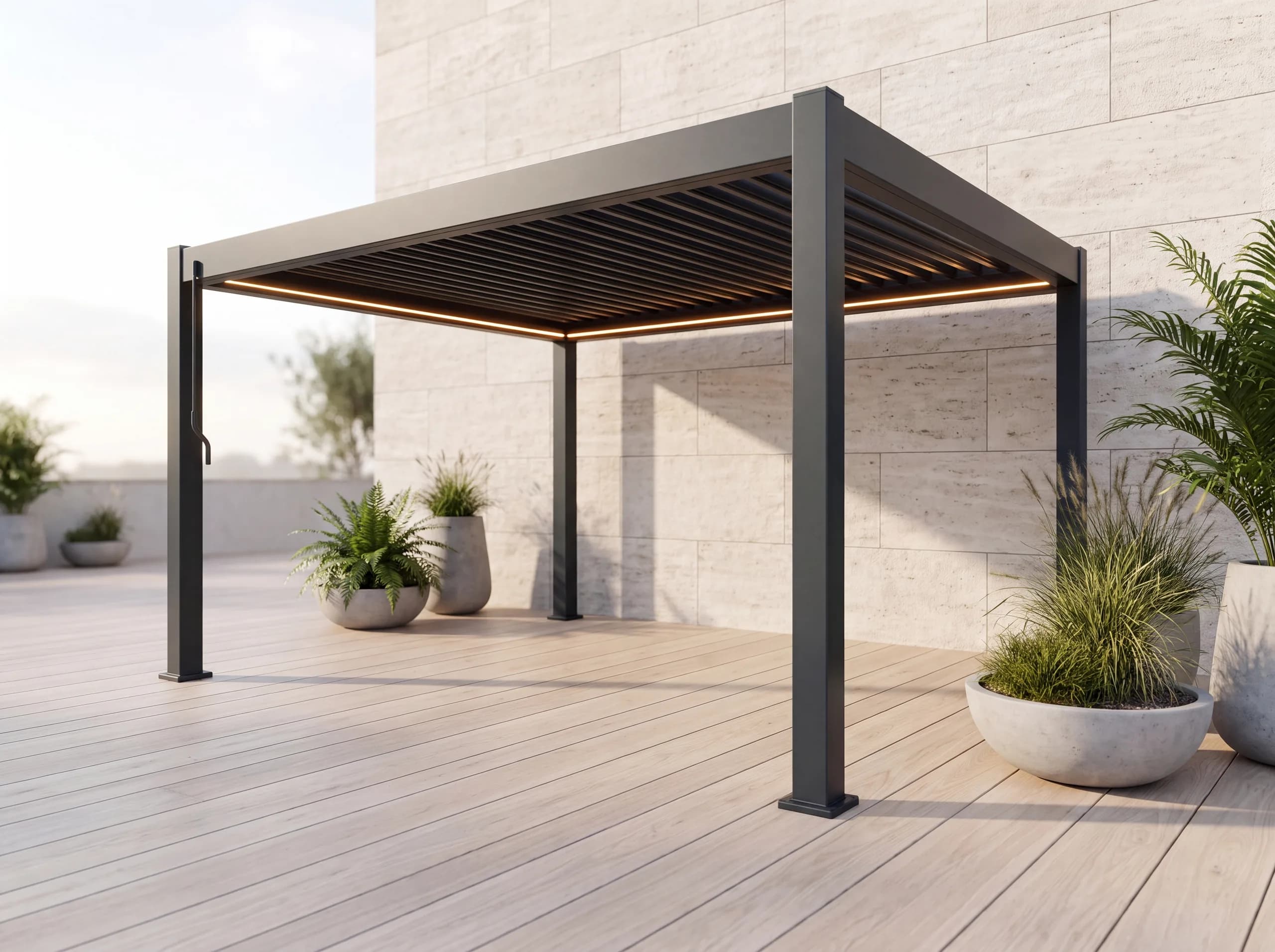 Pergolă bioclimatică Seria 2 din aluminiu antracit, cu lamele orientabile — gama Pergole Virtuoso