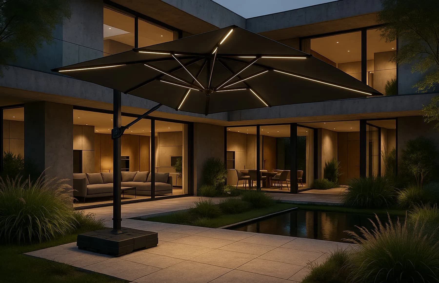 Umbrelă de terasă cu iluminare LED, montată la o casă modernă, seara