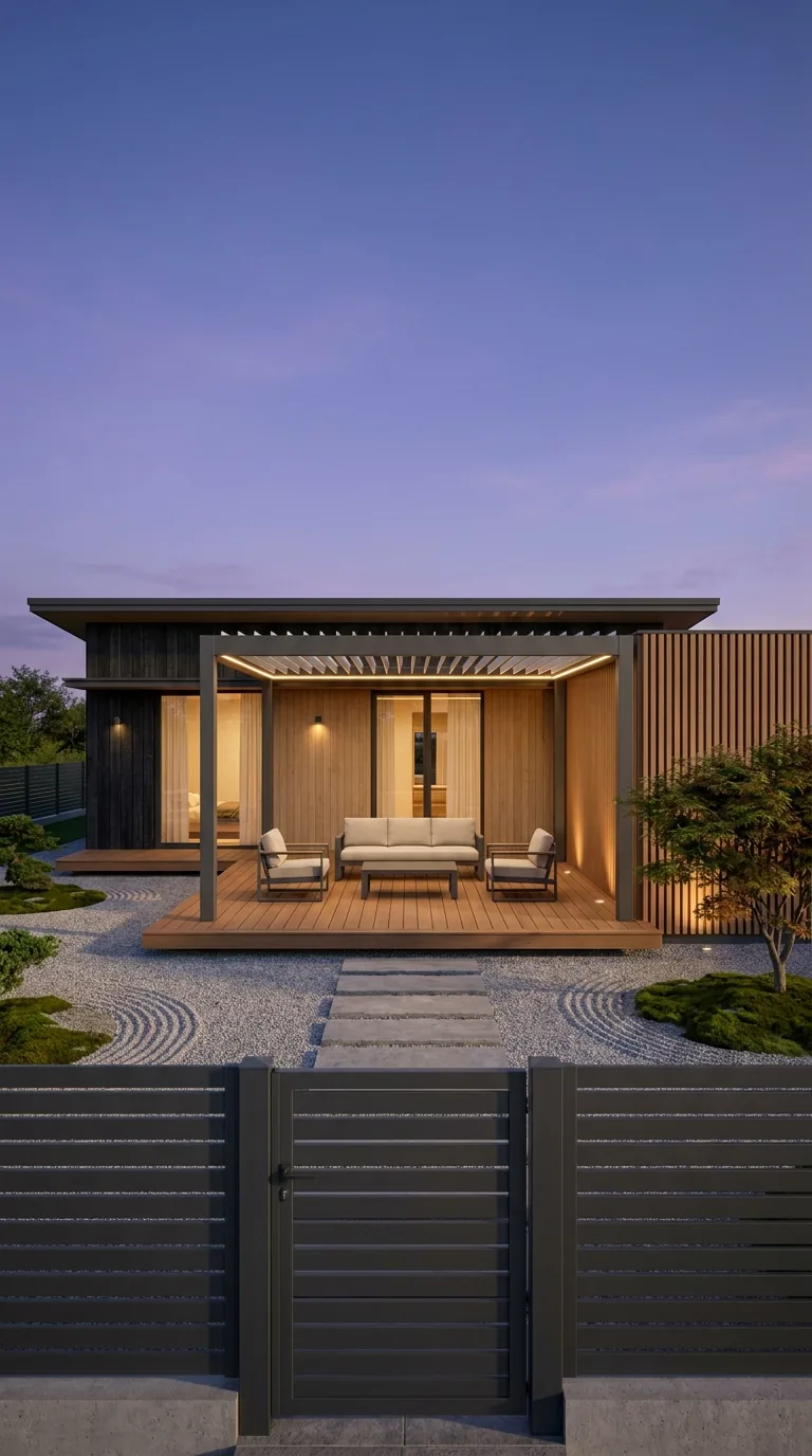 Casă modernă la apus cu poartă pietonală din aluminiu, gard cu lamele, pergolă bioclimatică cu LED, decking WPC, perete riflaj și mobilier de exterior Virtuoso