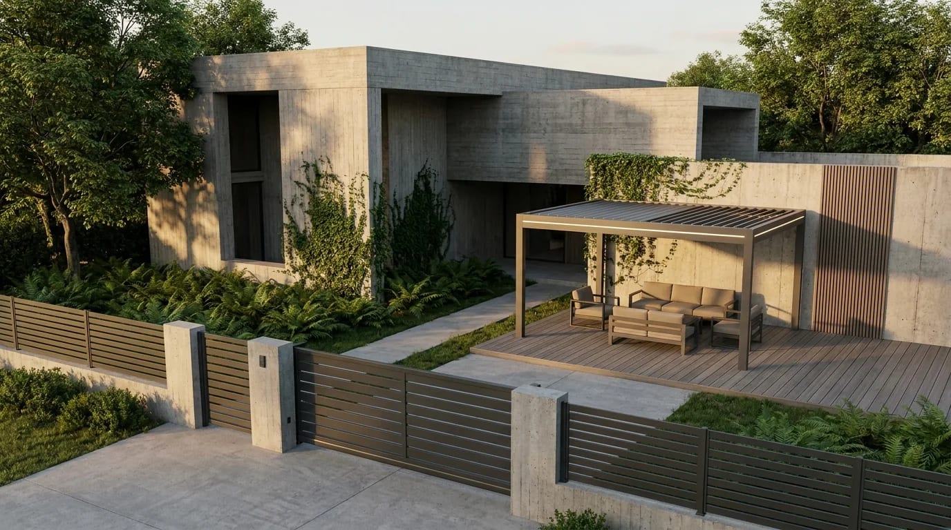 Curte modernă cu poartă culisantă și poartă pietonală din aluminiu, gard cu lamele orizontale, pergolă bioclimatică cu LED, decking WPC, perete riflaj și mobilier de exterior Virtuoso
