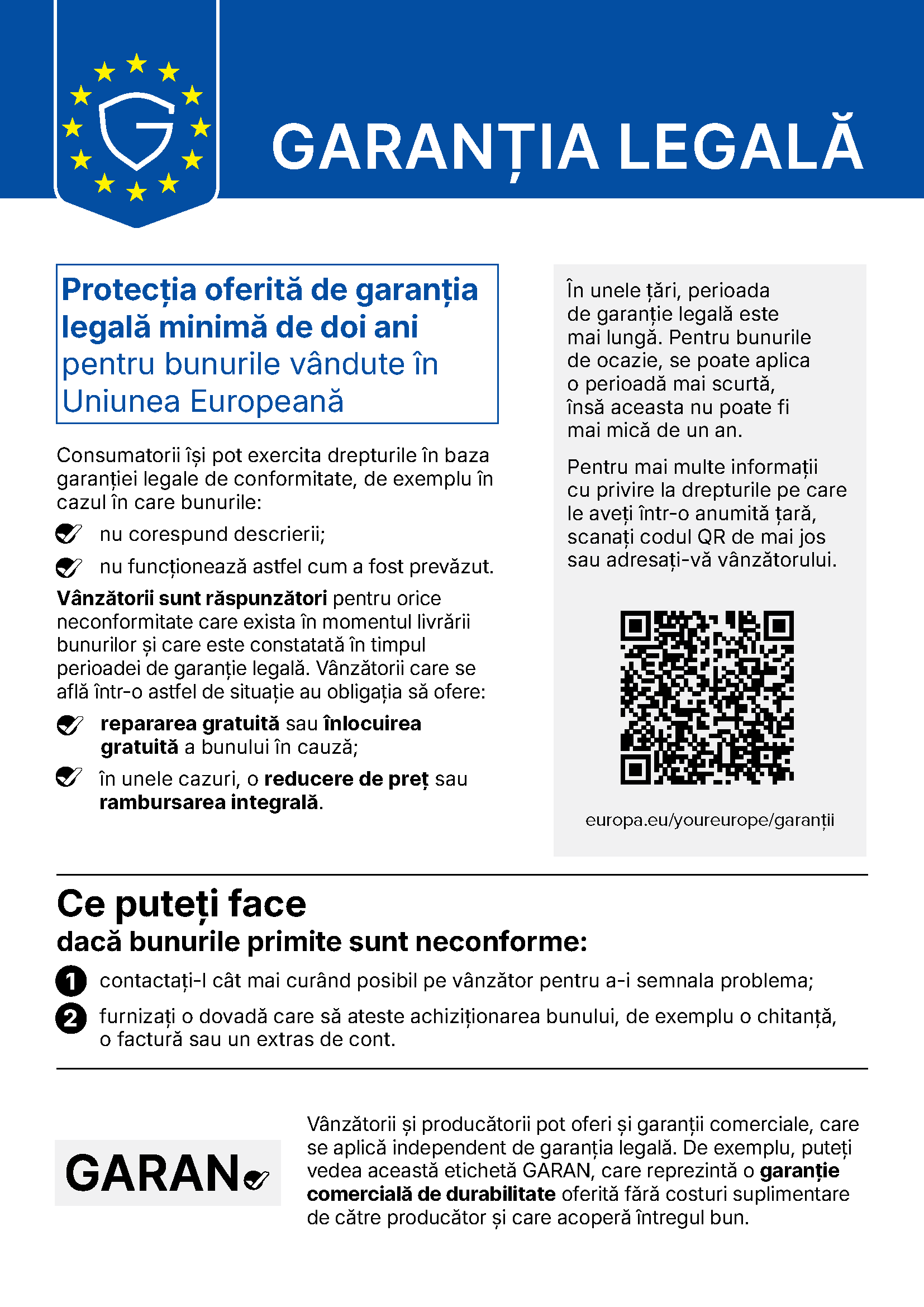 Notificarea armonizată a Uniunii Europene: Garanția legală — protecția oferită de garanția legală minimă de doi ani pentru bunurile vândute în Uniunea Europeană