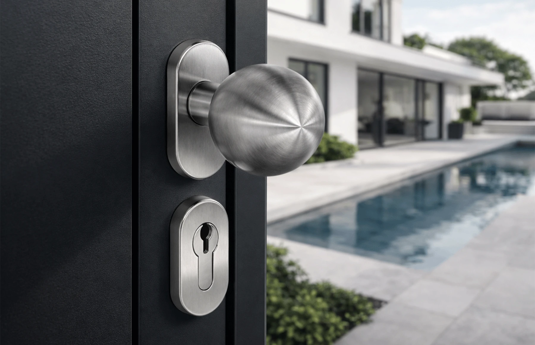 Set mânere poartă inox satinat AISI 316, buton bilă cu arc, Premium - Virtuoso