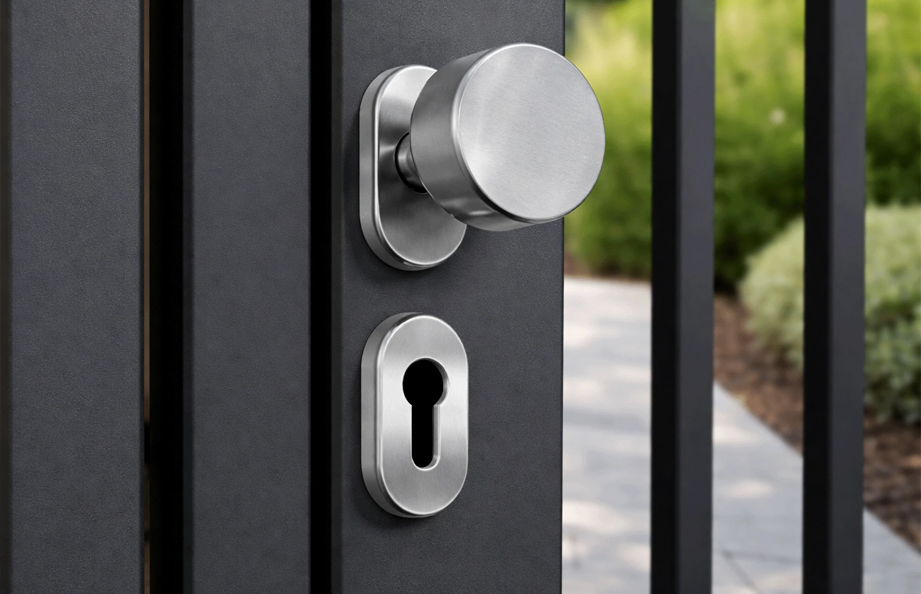 Set mânere poartă inox satinat AISI 316, cu buton cilindric cu arc, Premium – Virtuoso