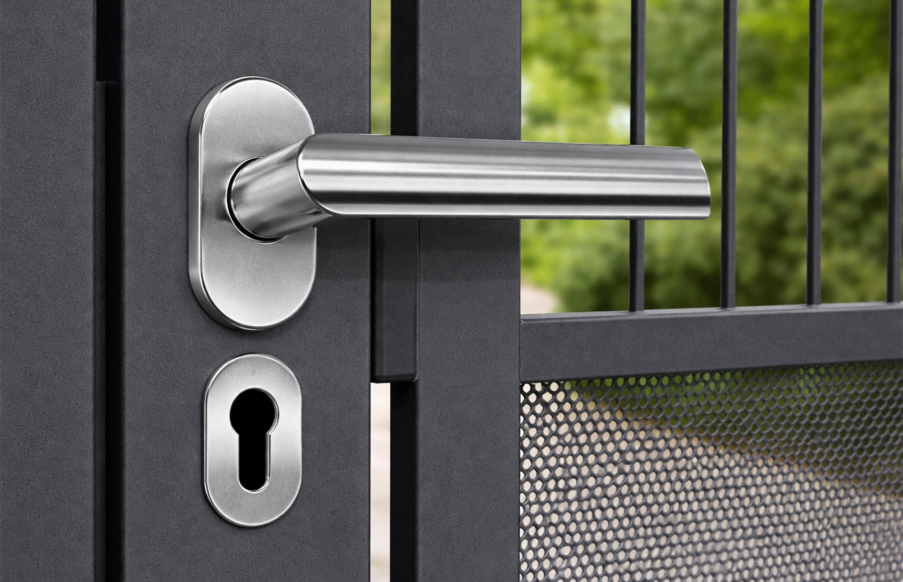 Set mânere poartă inox satinat AISI 316, tip clanță cu arc Premium – Virtuoso