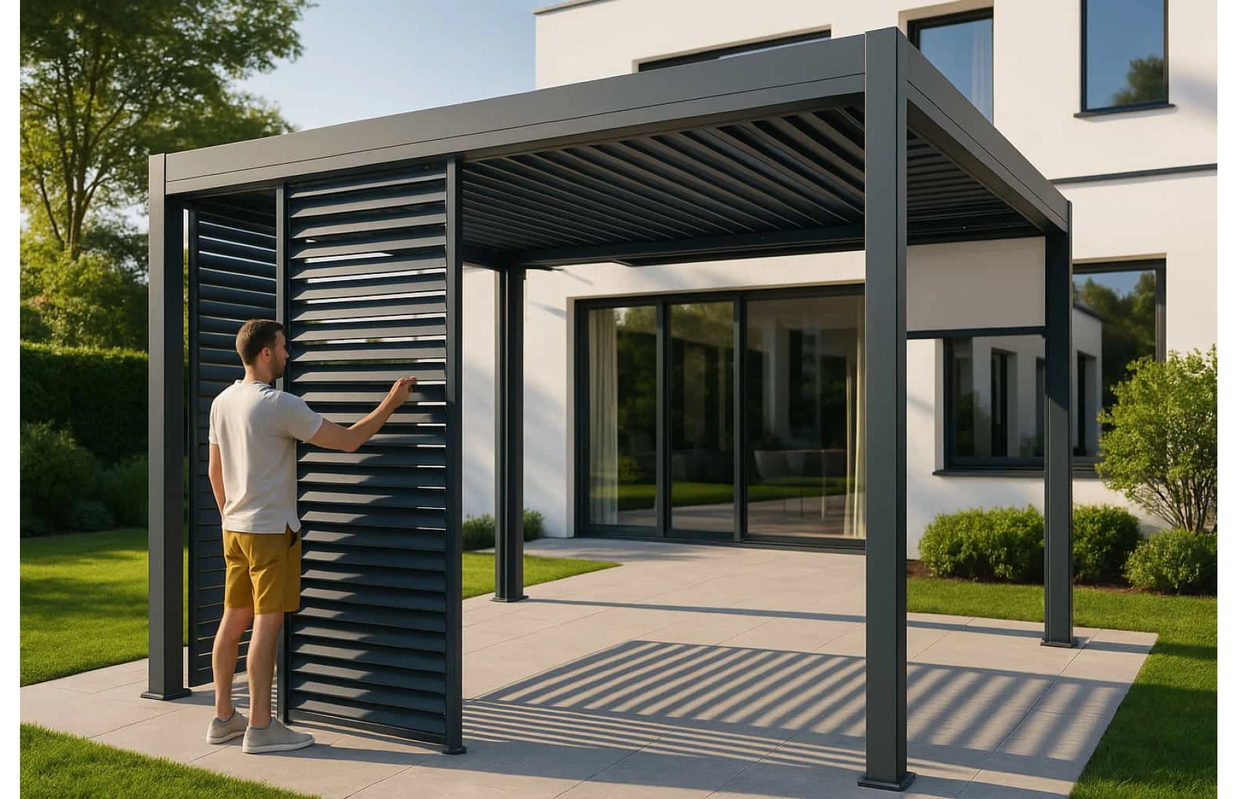 Paravan din Jaluzele Ajustabile Manual pentru Pergola, 2500mm Inaltime, 1230x2285mm, Structura GRI RAL 7016