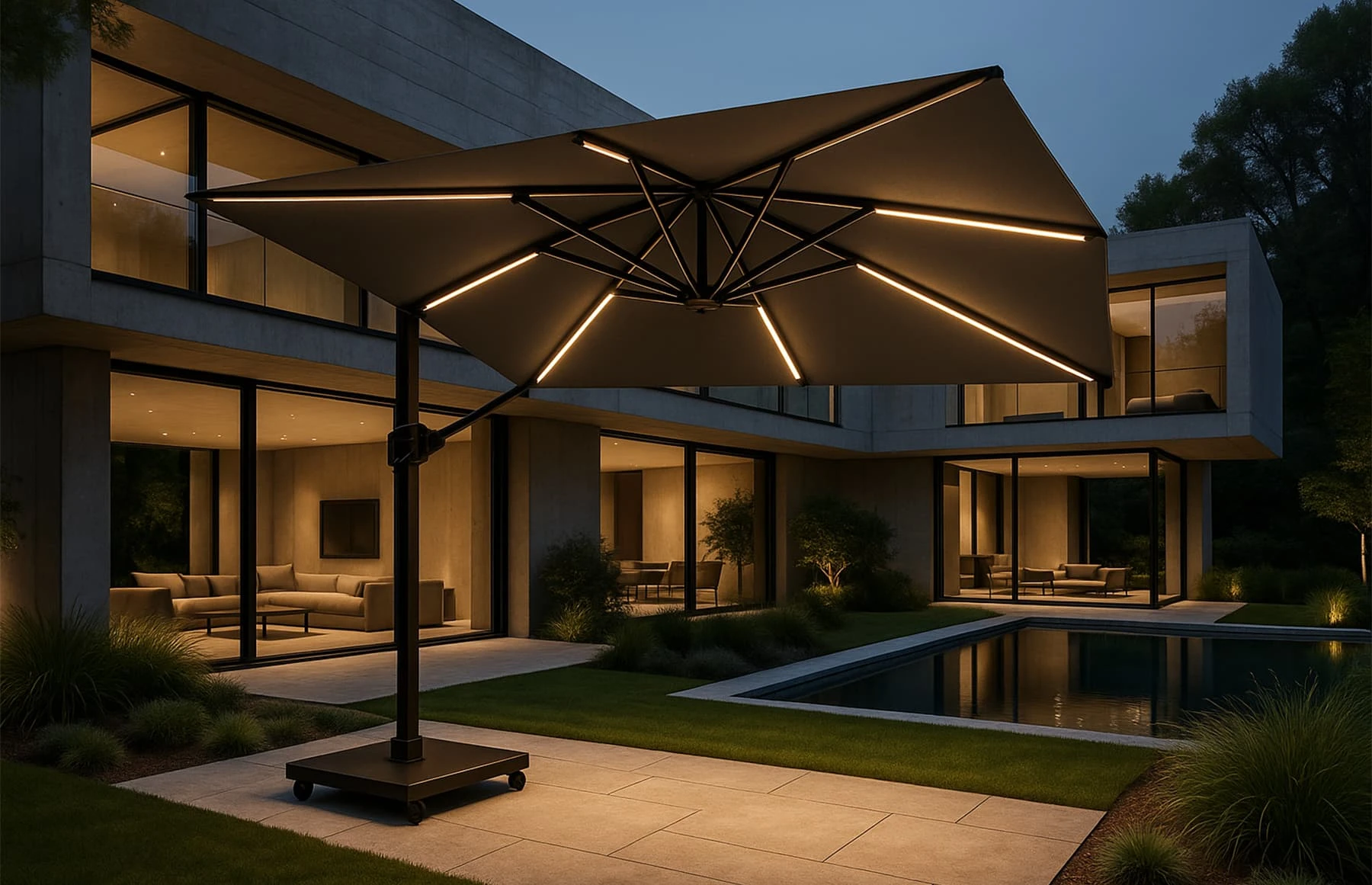 Umbrela de soare 3x3m pentru terasa si gradina, aluminiu, pliabila,cu LED culoare gri antracit, include suport granit