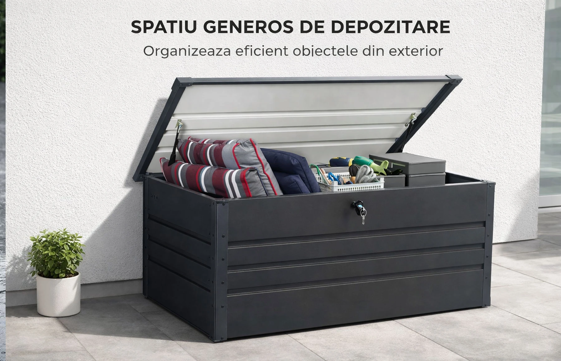 Cufar depozitare gradina SuperiorChest 400litri, lada depozitare unelte, gri antracit, Basic, Otel zincat