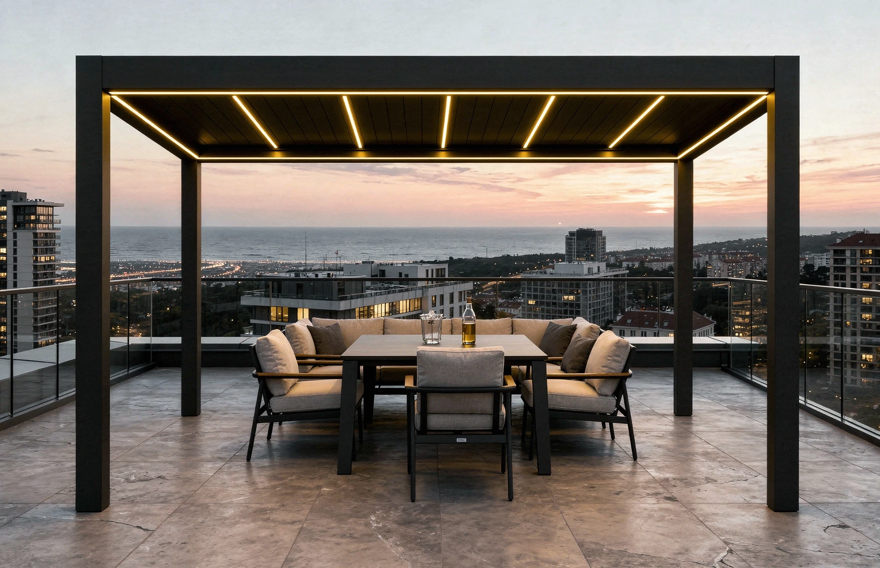 Pergola Bioclimatica Deluxe 2.0, Aluminiu, 3x4m, LED Lumina Calda, Gri Antracit