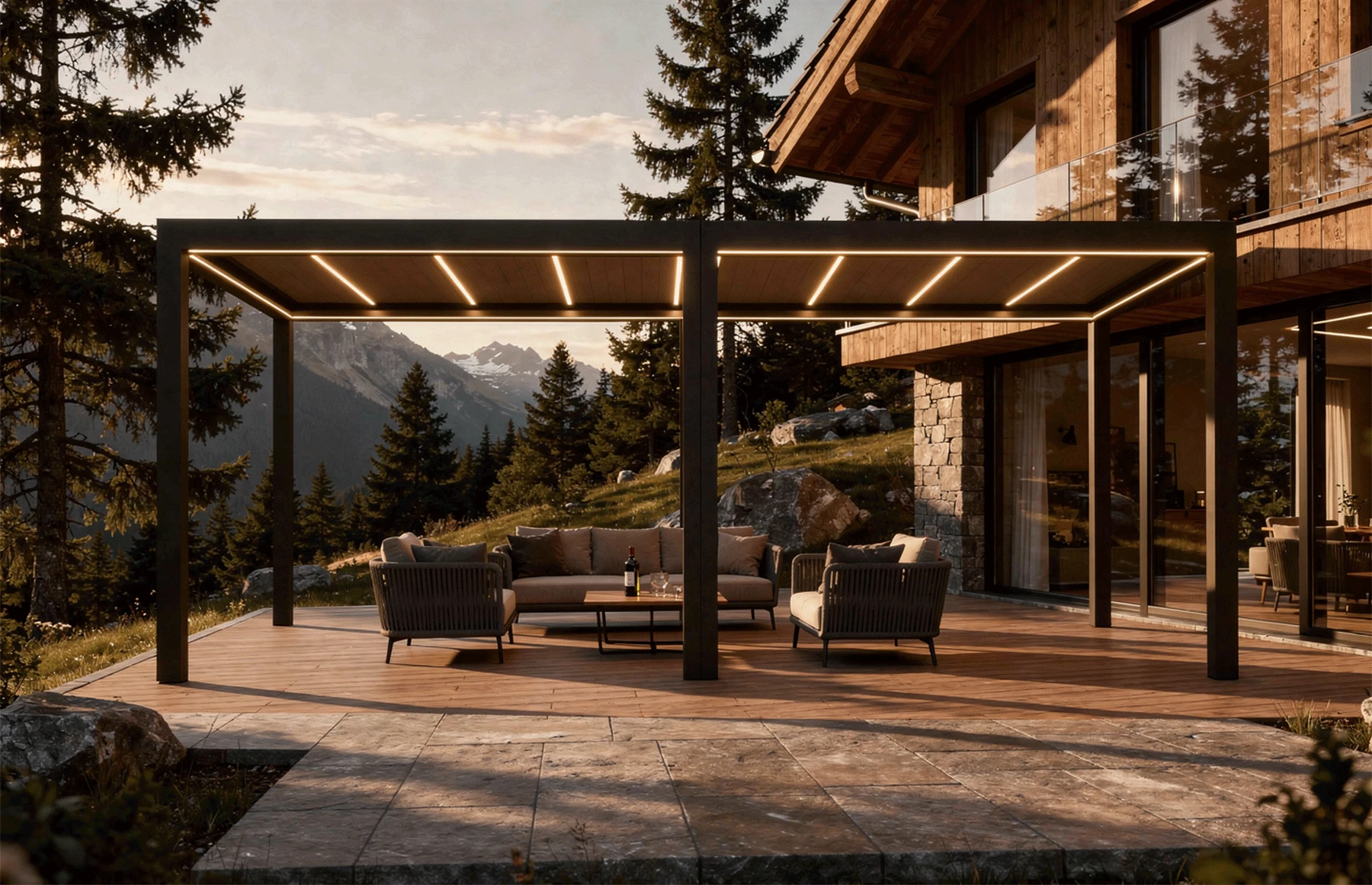 Pergola Bioclimatica Deluxe 2.0, Aluminiu, 3x8m, LED Lumina Calda, Gri Antracit
