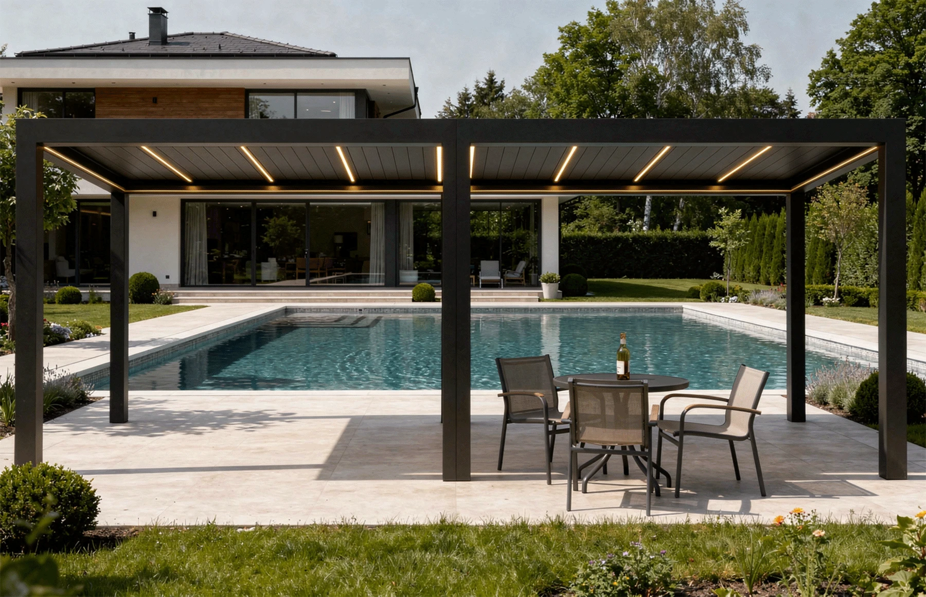 Pergola Bioclimatica Deluxe 2.0, Aluminiu, 3x8m, LED Lumina Calda, Gri Antracit