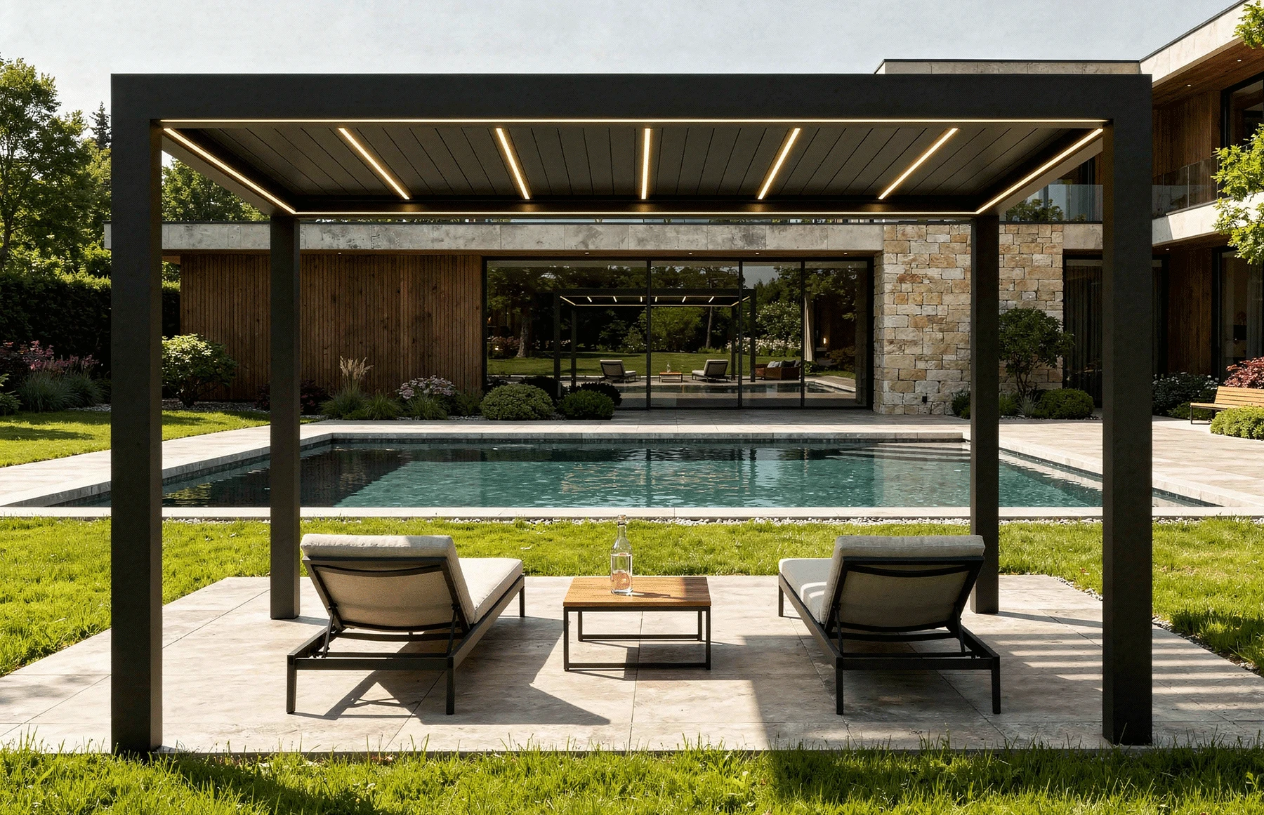 Pergola Bioclimatica Deluxe 2.0, Aluminiu, 4x4m, LED Lumina Calda, Gri Antracit