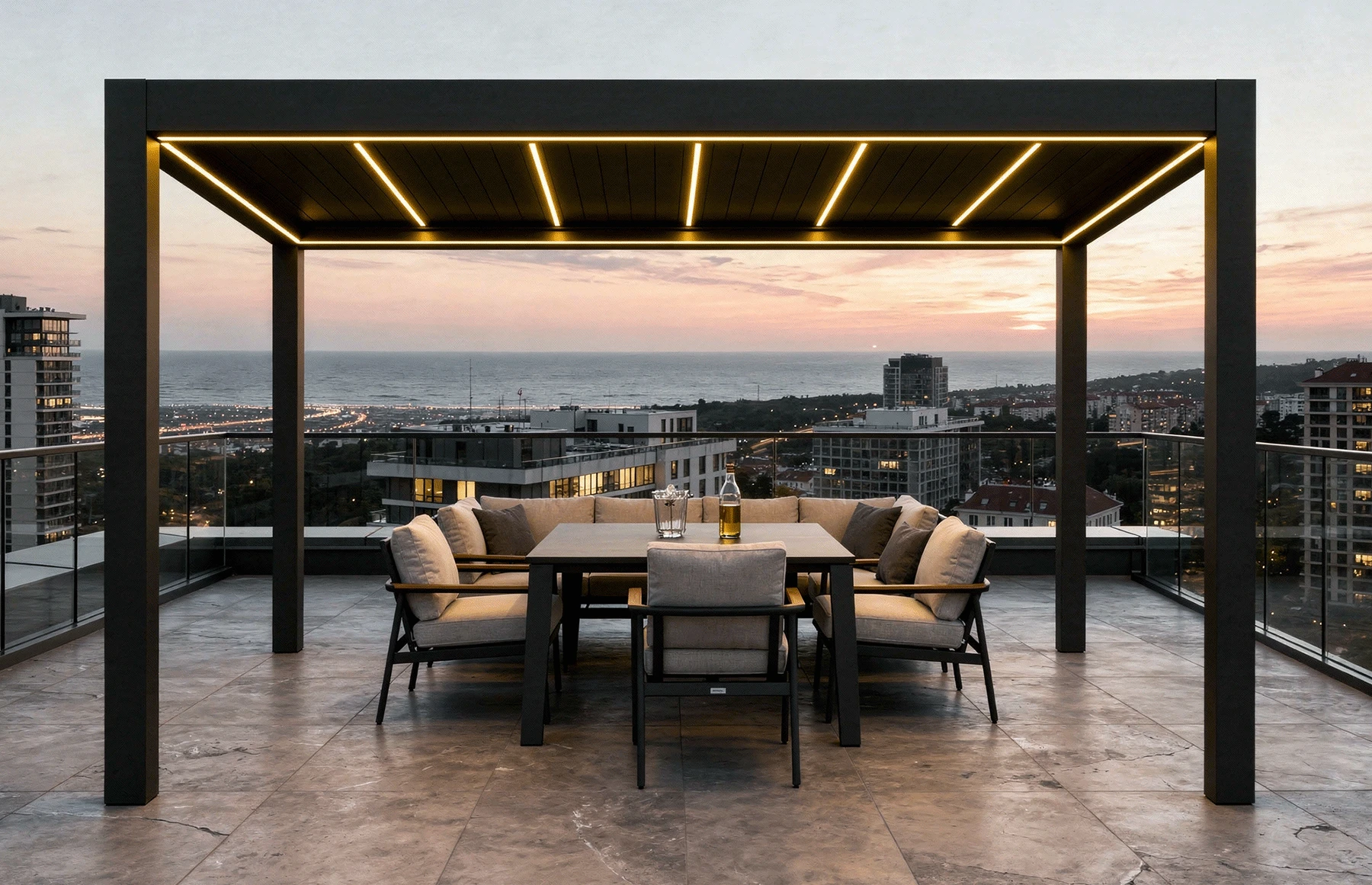Pergola Bioclimatica Deluxe 2.0, Aluminiu, 4x4m, LED Lumina Calda, Gri Antracit