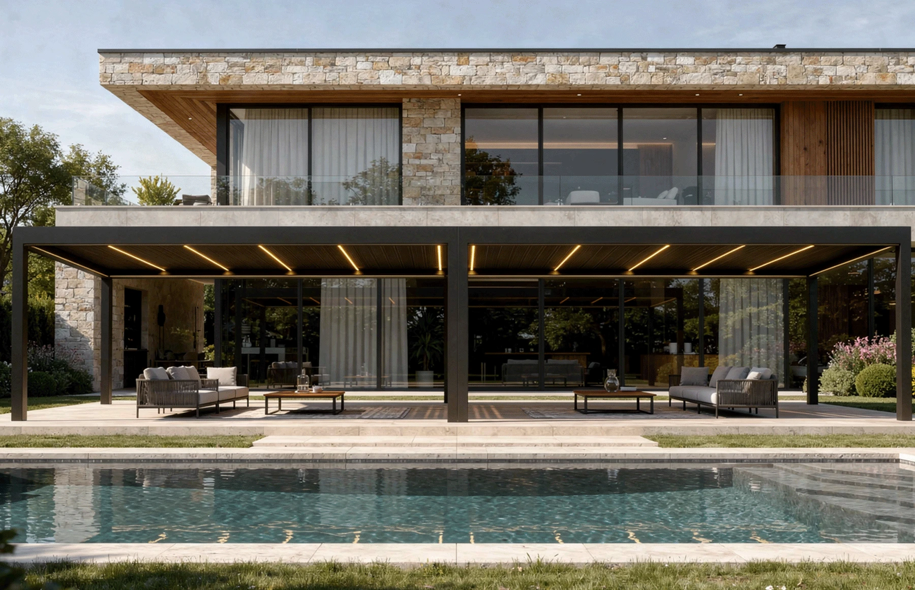 Pergola Bioclimatica Deluxe 2.0, Aluminiu, 4x8m, LED Lumina Calda, Gri Antracit