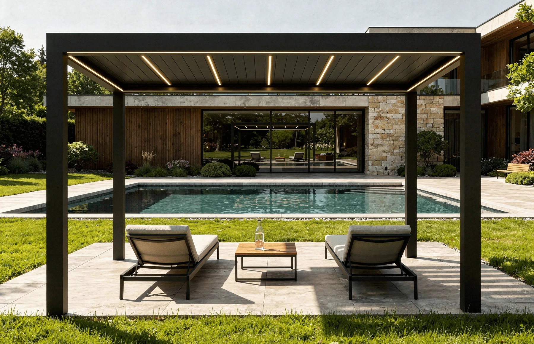 Pergola SUPREME din Aluminiu  Acoperis Reglabil cu Spuma Poliuretanica, Actionare Electrica, Senzor de Ploaie & LED | 3000x4000mm, Gri RAL 7016