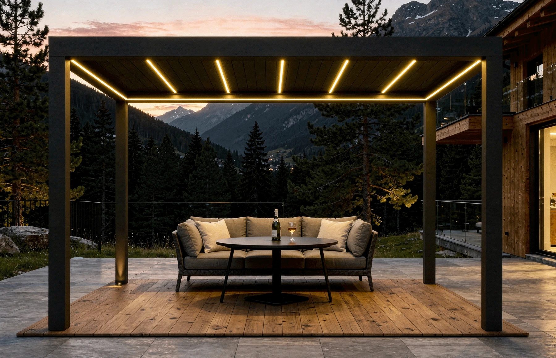 Pergola SUPREME din Aluminiu  Acoperis Reglabil cu Spuma Poliuretanica, Actionare Electrica, Senzor de Ploaie & LED | 3000x4000mm, Gri RAL 7016