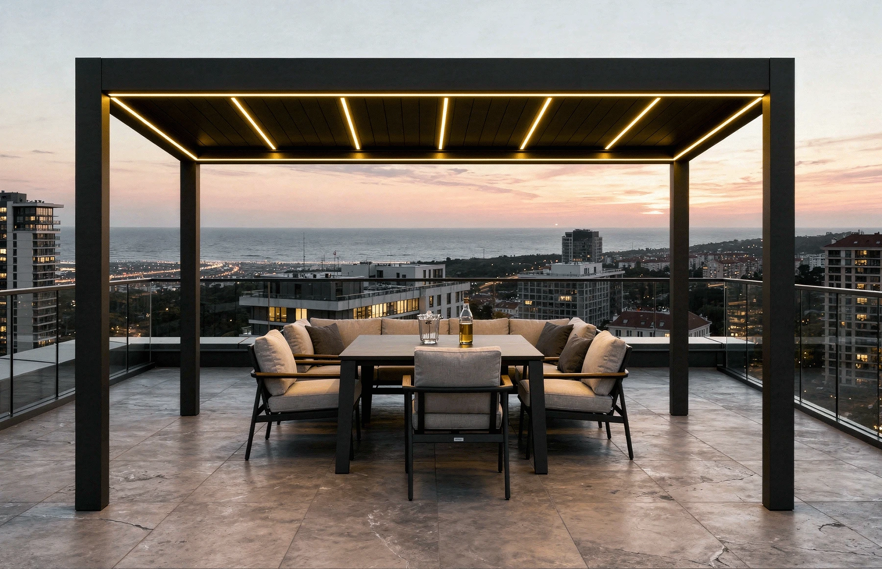 Pergola SUPREME din Aluminiu  Acoperis Reglabil cu Spuma Poliuretanica, Actionare Electrica, Senzor de Ploaie & LED | 3000x4000mm, Gri RAL 7016