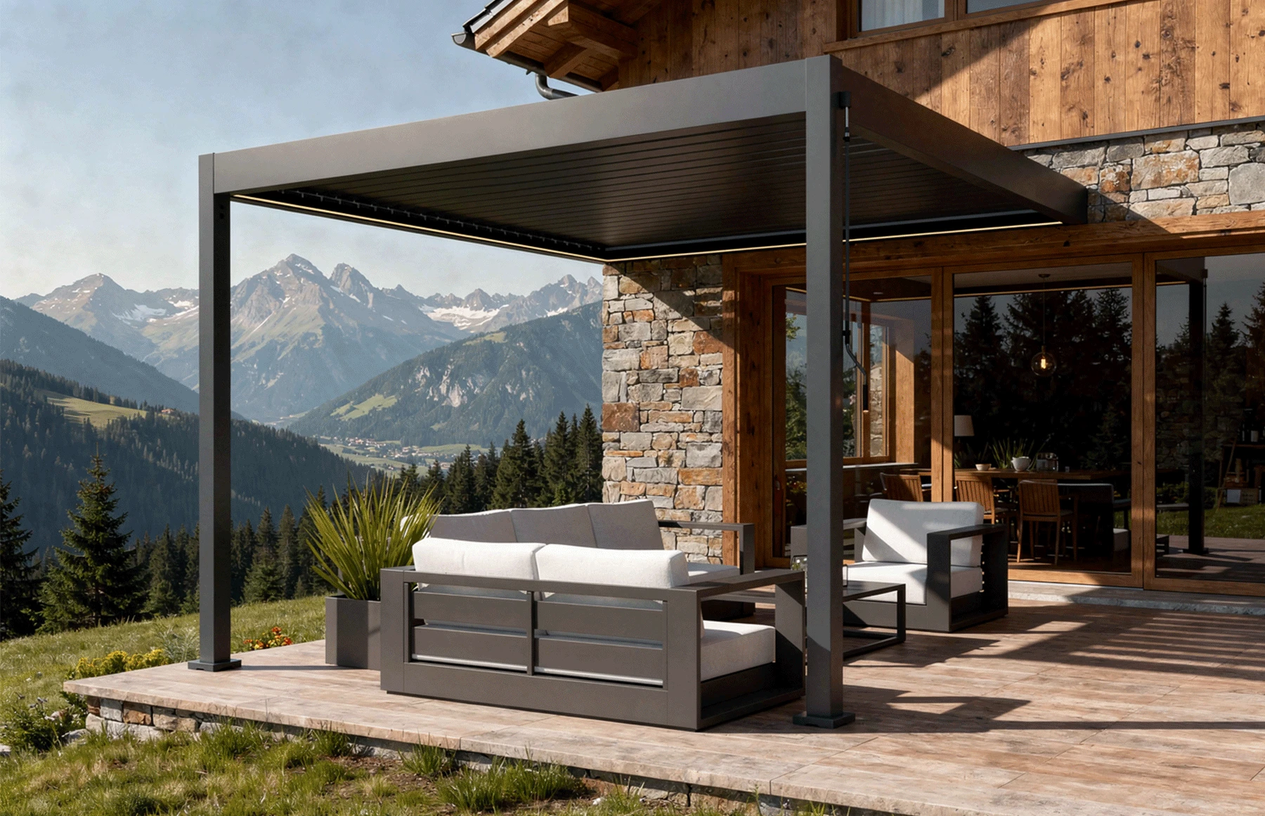 Pergola Bioclimatica X 2.0, cu Prindere pe Casa, 3x4m, LED Lumina Calda, Gri Antracit