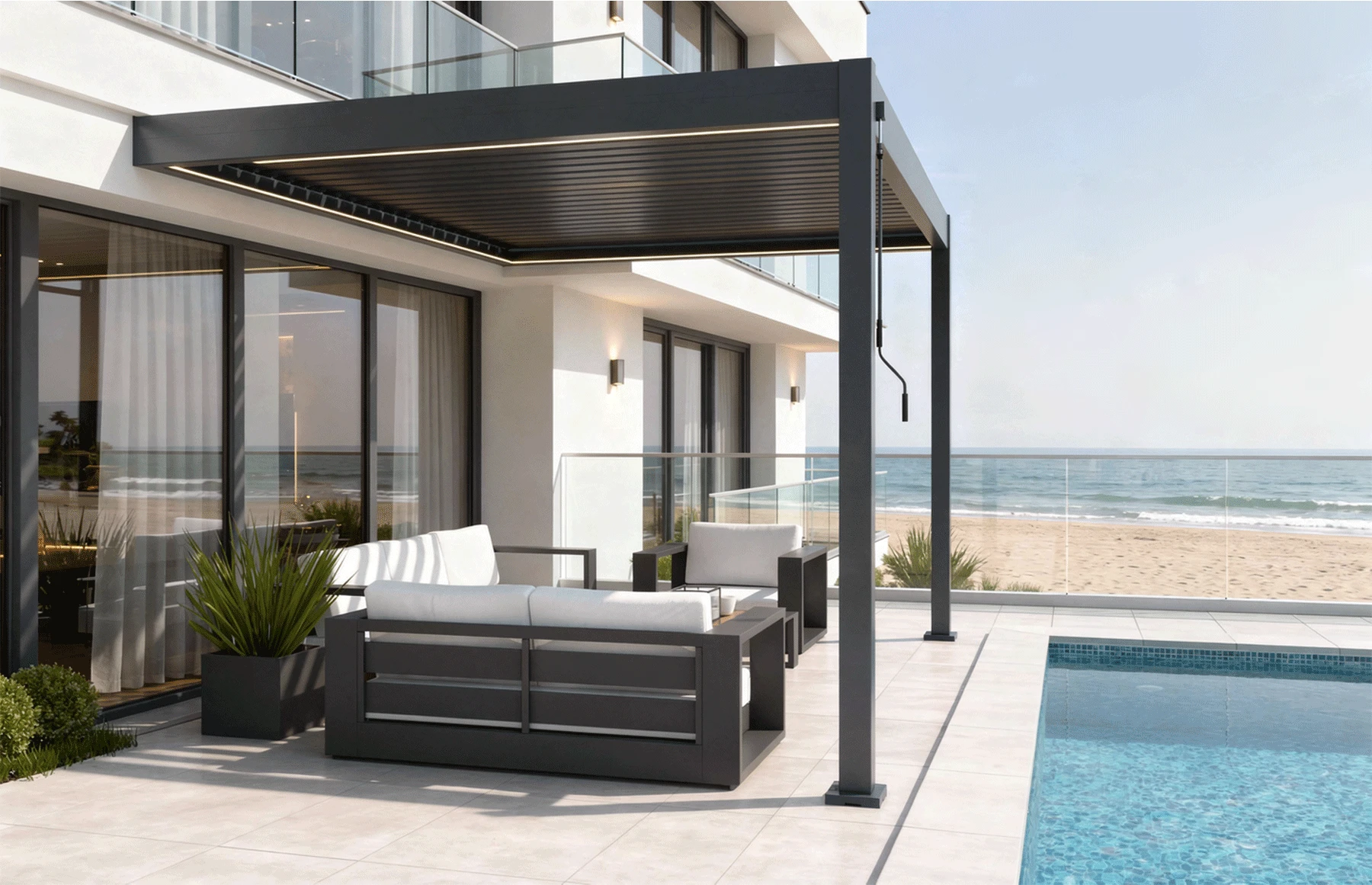 Pergola Bioclimatica X 2.0, cu Prindere pe Casa, 3x4m, LED Lumina Calda, Gri Antracit