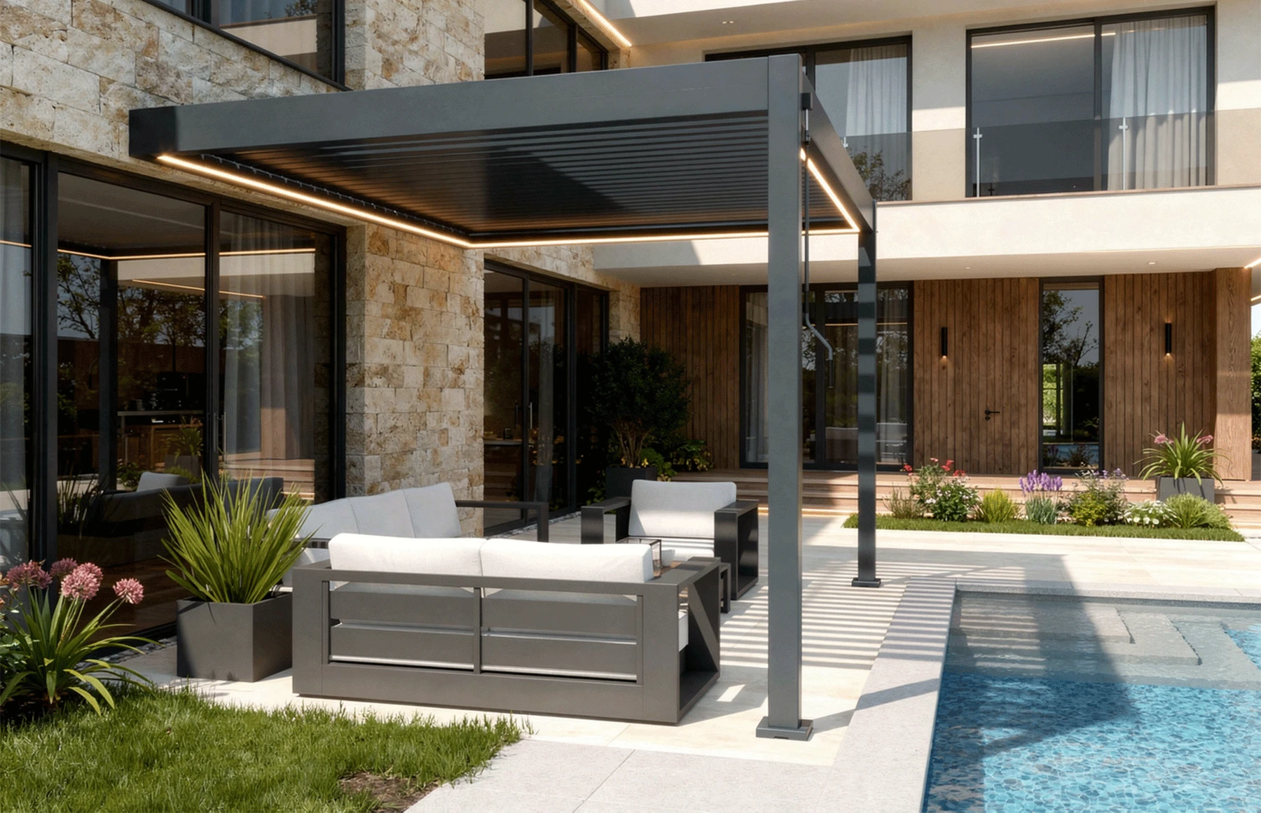 Pergola Bioclimatica X 2.0, cu Prindere pe Casa, 3x4m, LED Lumina Calda, Gri Antracit