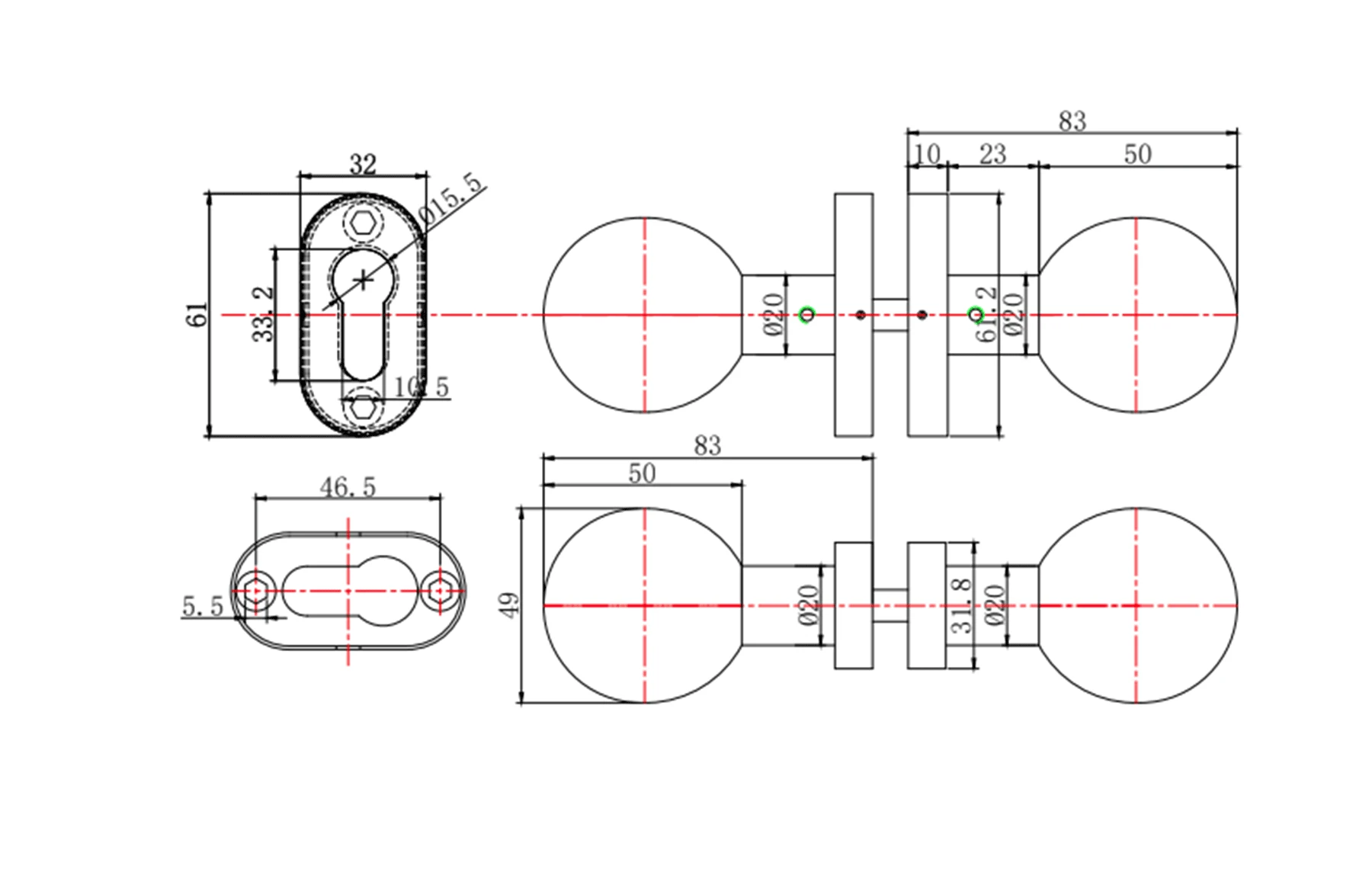 Set mânere poartă inox satinat AISI 316, buton bilă cu arc, Premium - Virtuoso