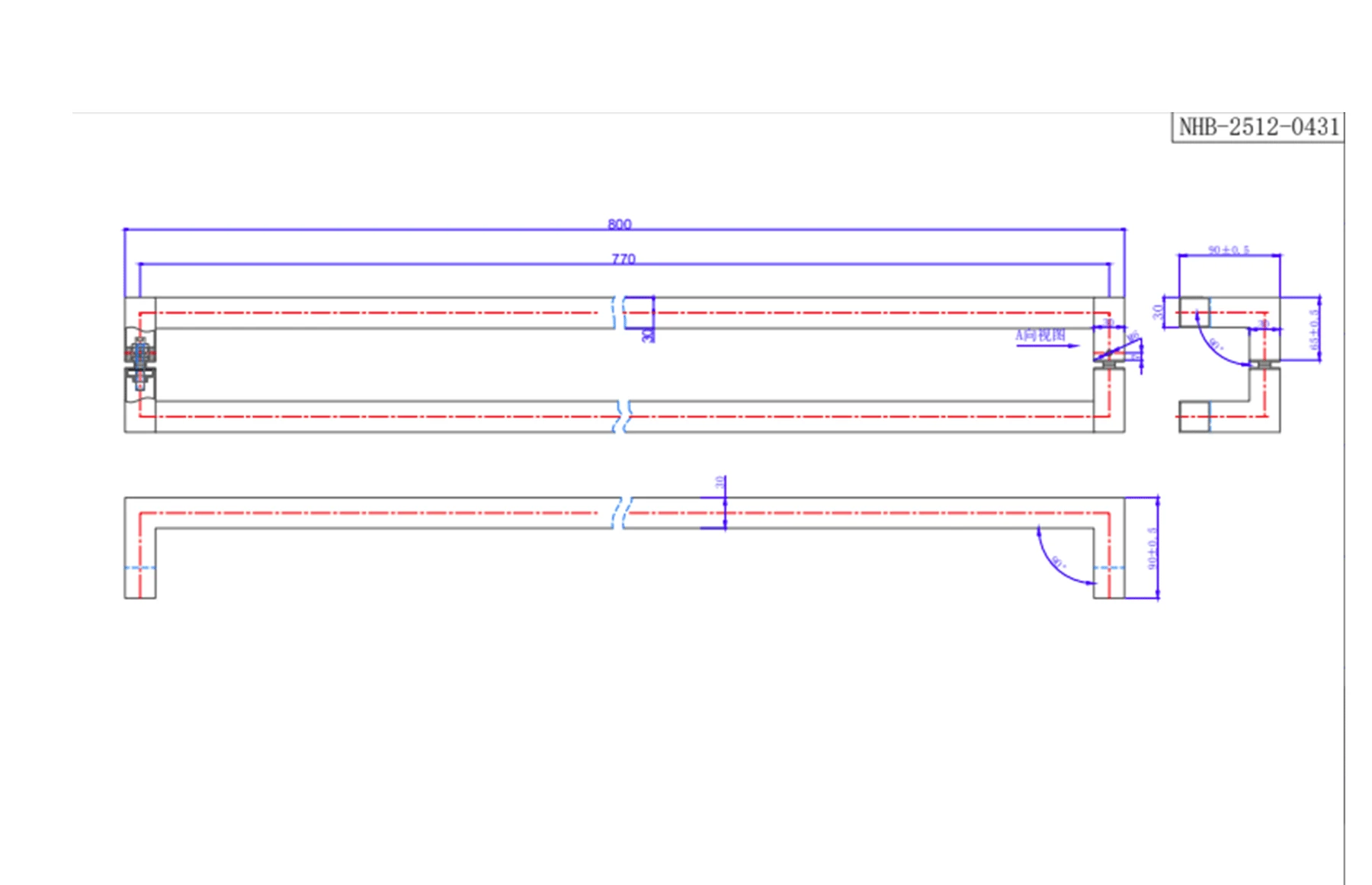 Mâner trăgător inox satinat AISI 316, pentru poartă sau ușă, profil pătrat 30x30 mm, 800 mm – Virtuoso