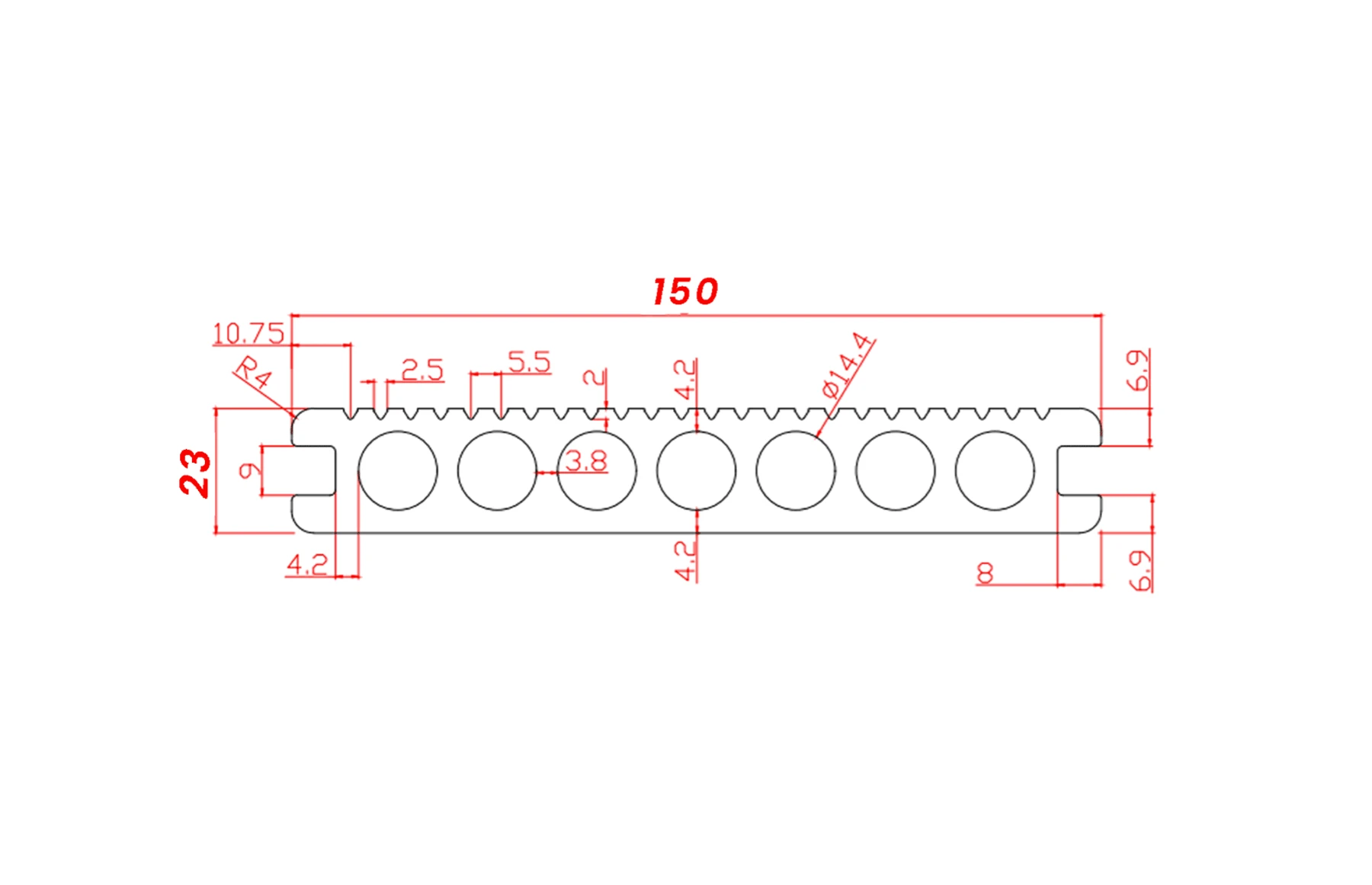 Placa WPC decking antichizat /dungi WPC gri deschis, gol rotund Dimensiune: 146x22.8mm, Lungime: 3800mm