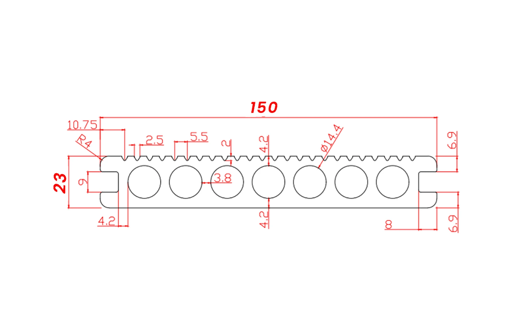 Placa WPC decking antichizat /dungi stejar inchis, gol rotund Dimensiune: 146x22.8mm, Lungime: 3800mm