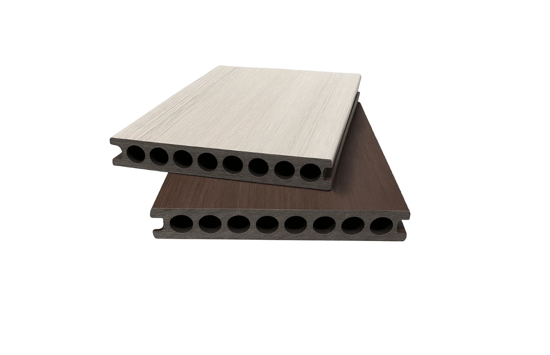 Placă Deck 3D cu 2 fete, din WPC 148x23mm, L 3800mm, Structura cu Gol Rotund pentru Rezistenta Sporita, o fata maro, o fata gri deschis