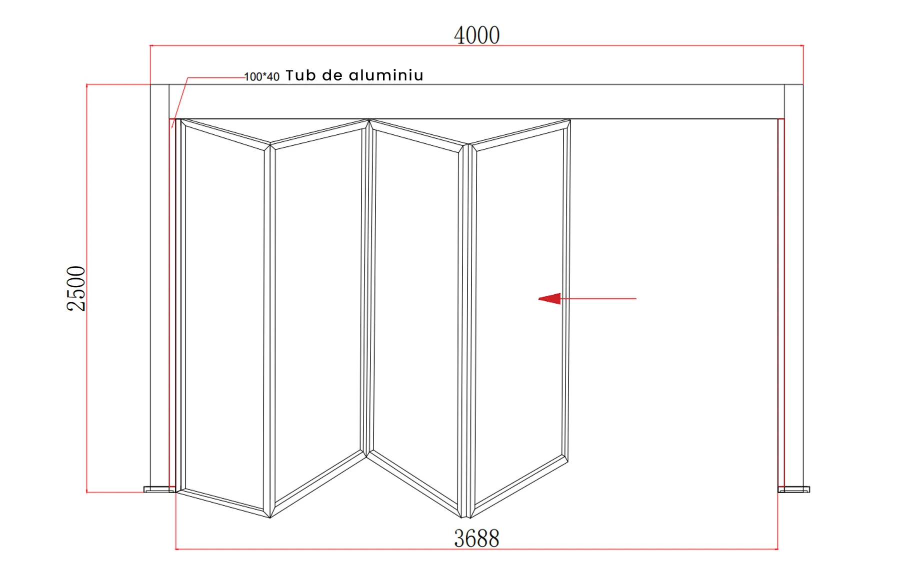 Paravan Pliant Bi-Fold din Sticla 4000x2500mm, 8mm, Sistem Aluminiu GRI RAL 7016 - pentru Pergole si Terase