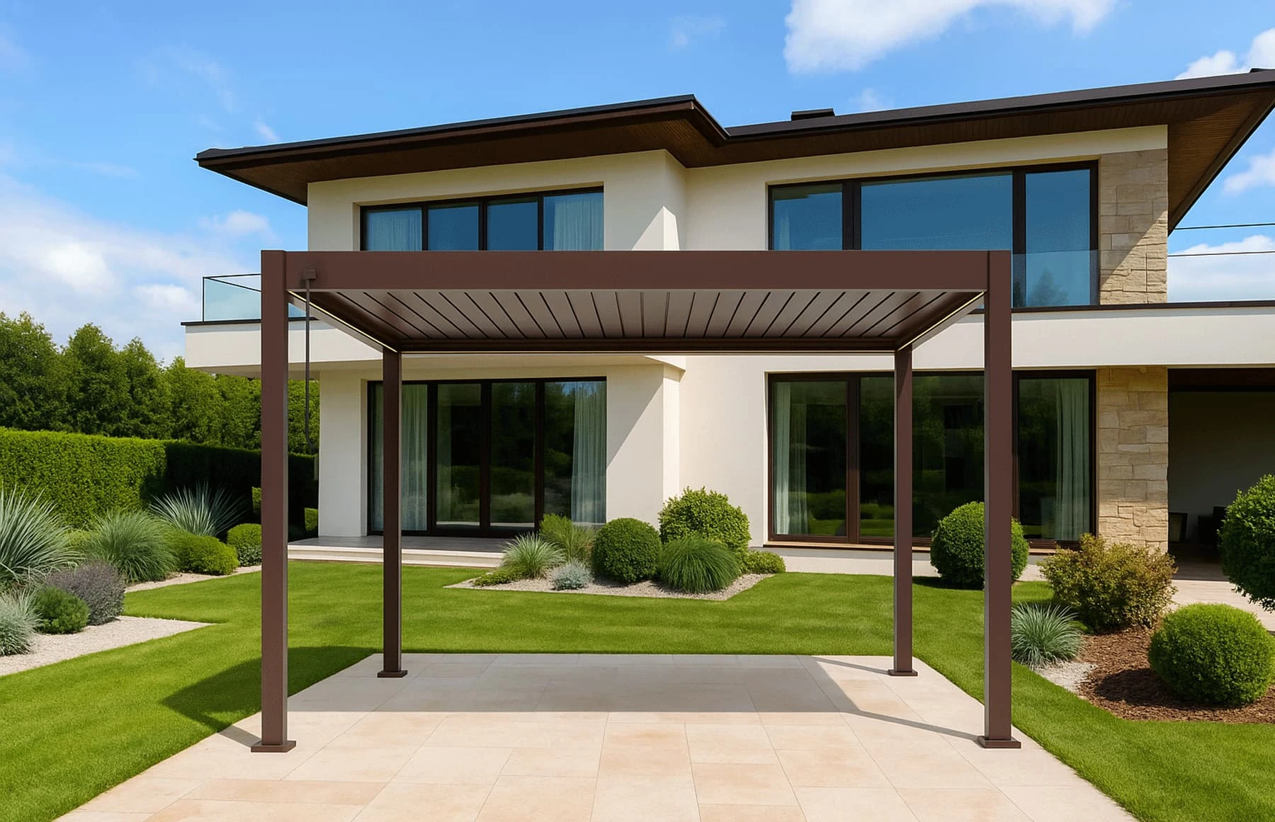 Pergola Bioclimatica X 2.0, Aluminiu, 4x4m, LED Lumina Calda, Maro