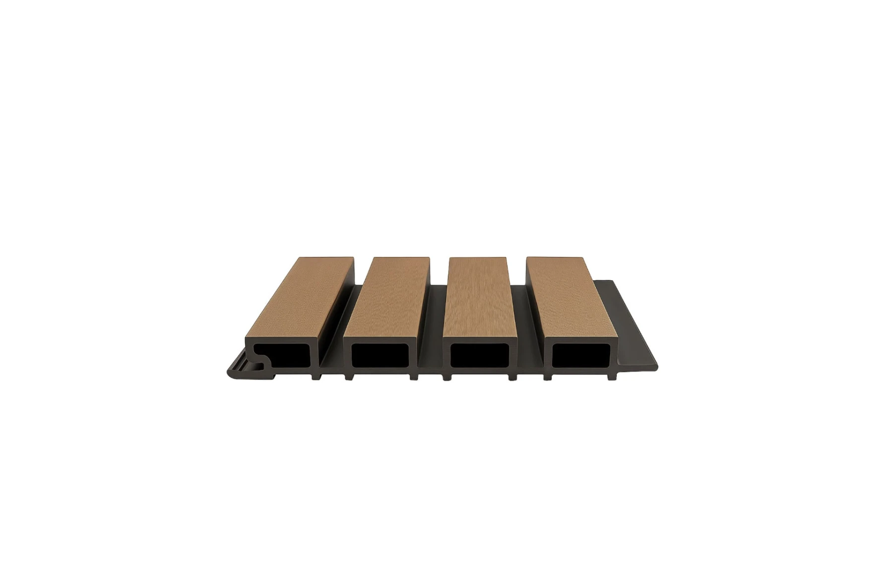 Riflaj WPC coextrudat canelat maro tec pe fond negru, Dimensiune: 219x26mm