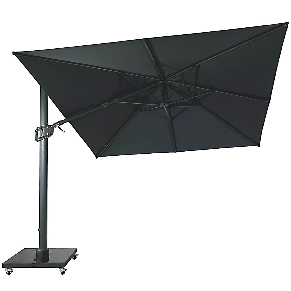Umbrela de soare 3x3m pentru terasa si gradina, aluminiu, pliabila, culoare gri antracit, include suport granit