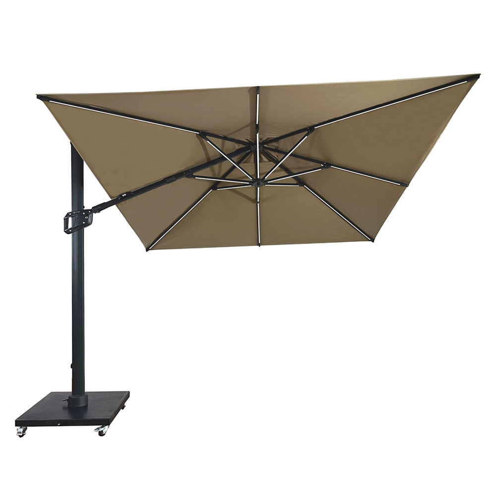 Umbrela de soare 3x3m pentru terasa si gradina, aluminiu, pliabila,cu LED culoare kaki, include suport granit